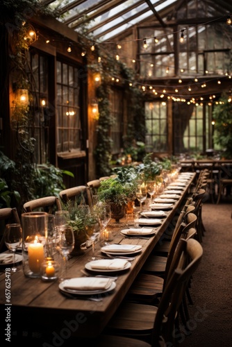 Rustic barn venue adorned with string lights and greenery