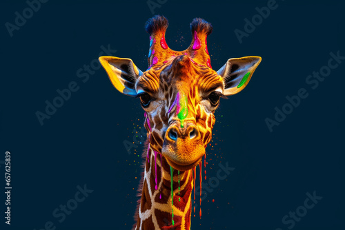 A curious giraffe with a long neck adorned in dripping paint, showcasing its unique pattern and height in a whimsical and artistic way. 
