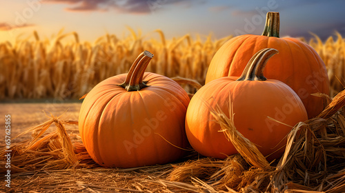 Hello autumn. Pumpkins on hay. AI generated image.