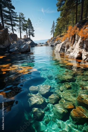 Stunning Lake Baikal, the world's deepest freshwater lake, with crystal-clear waters and scenic surroundings, Generative AI