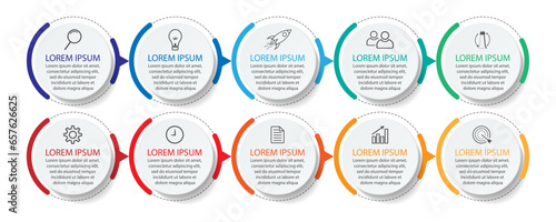 Business Infographic Template Design. Timeline with 10 marketing steps, options and icons. Vector linear infographic with ten connected elements. Can be used for presentations in your business.