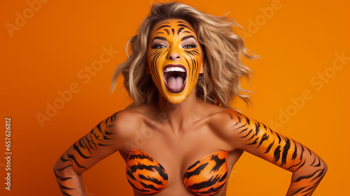 Mulher engraçada fitness bory com pintura de rosto de tigre em fundo laranja photo