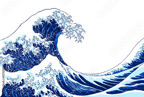 Illustration of the sea. Mount Fuji. Offshore from Kanagawa. Hokusai. Wave. Digital art, hand drawn. Good quality  for printing. Art poster for interior design and collages. 