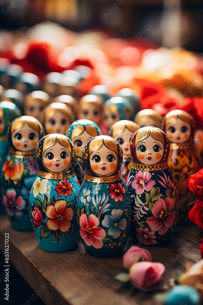Traditional Russian matryoshka dolls arranged in a colorful display, Generative AI