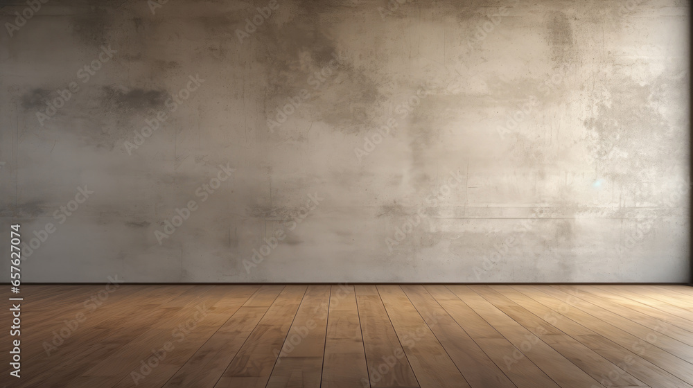 3d rendering of empty room with wooden floor and concrete wall