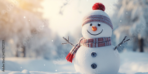 snowman with red hat, Snowman in Winter Christmas Landscape,  Frosty the Snowman in Festive Snowy Scene,  Holiday Snowman in Winter Wonderland,  Christmas Snowman on a Snowy Day  © nazir ahmad