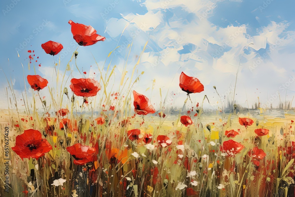 Obraz premium oil painting of flowers poppies in the meadow in sunny day