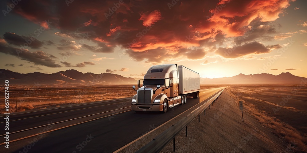 Trailer truck. Trucking into sunset. Freight transport journey. Delivering goods. Highway of commerce. Freight under sun Trailer truck. Trucking into sunset. Freight transport journey. Delivering goods. Highway of commerce. Freight under sun