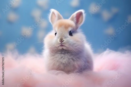 A pastel bunny with fluffy fur and a sweet expression, its pastel hues adding a touch of whimsy and charm to its adorable features.  photo