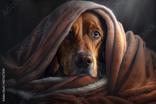 Dog under the blanket, cute dog, digital art style, illustration painting photo