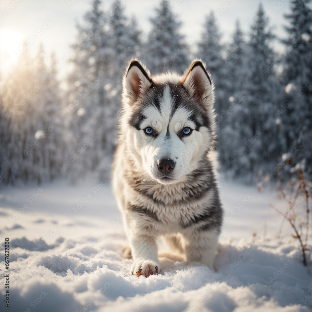 Siberian Husky in a snowy winter landscape, capturing its majestic appearance
