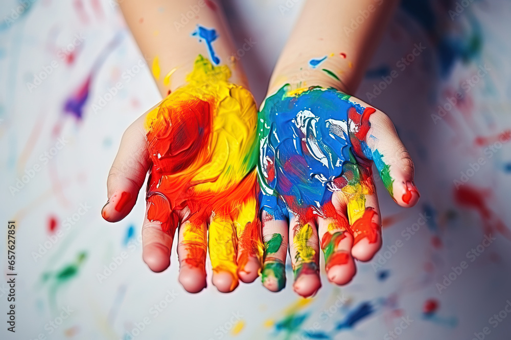 children's hands covered with paint vibrant colors