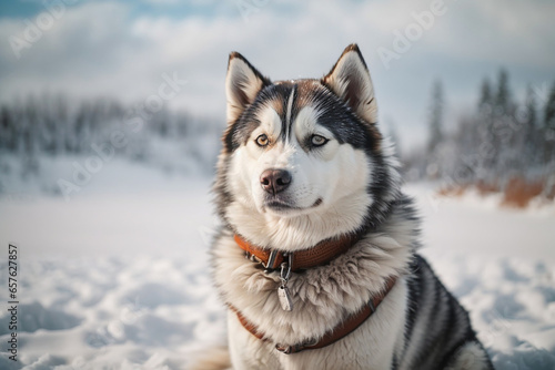 Siberian Husky in a snowy winter landscape  capturing its majestic appearance