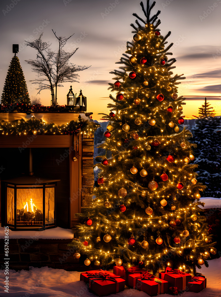 Cozy Christmas tree sunset maximum detail cinematic