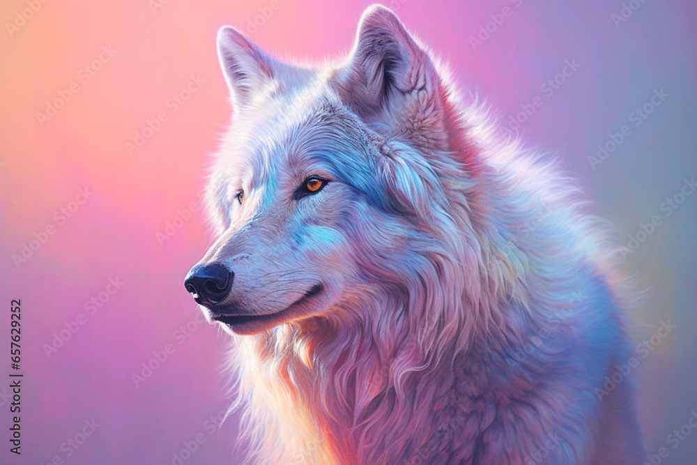 A pastel-colored Wolf with a majestic mane, rendered in soft hues of pink, purple, and blue, exuding a serene and regal presence.