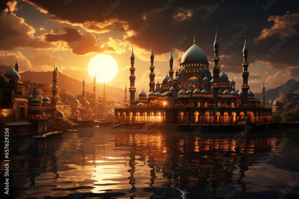 Fototapeta premium Majestic mosque with stunning minarets against a golden sunset, Generative AI