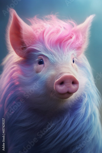 A pastel-colored Pig with a majestic mane, rendered in soft hues of pink, purple, and blue, exuding a serene and regal presence. 