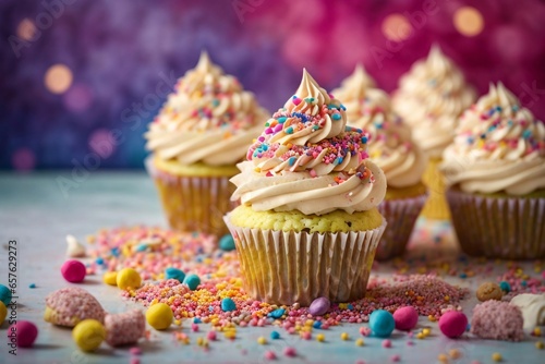 Confectionery design of delicious beauty delicious and tasty cupcakes with cream and colorful sprinkles in the colorful background of the kitchen. Generative AI.