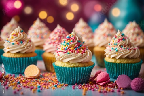 Confectionery design of delicious beauty delicious and tasty cupcakes with cream and colorful sprinkles in the colorful background of the kitchen. Generative AI.