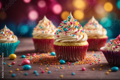 Confectionery design of delicious beauty delicious and tasty cupcakes with cream and colorful sprinkles in the colorful background of the kitchen. Generative AI.