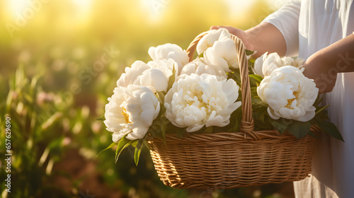 Woman holding a wooden basket with white peony flowers. AI generated image