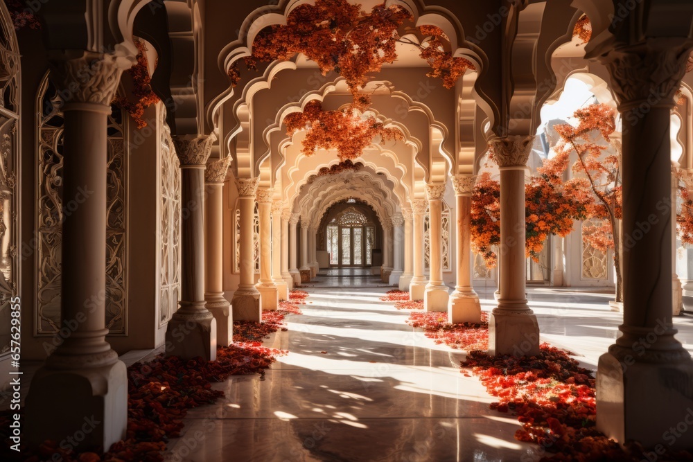 Mosque's beautiful arches and pillars in its courtyard, Generative AI