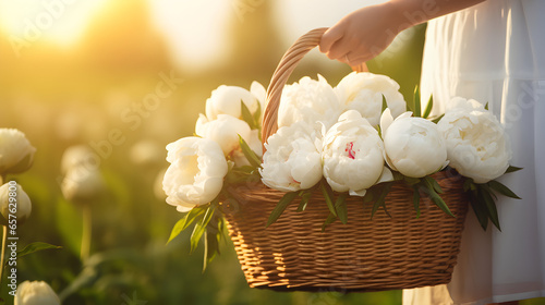 Fototapeta Naklejka Na Ścianę i Meble -  Woman holding a wooden basket with white peony flowers. AI generated image