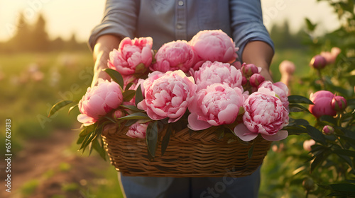 Fototapeta Naklejka Na Ścianę i Meble -  Woman holding a wooden basket with pink peony flowers. AI generated image