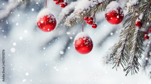 snowing winter backdrop, featuring radiant red Christmas balls delicately nestled among lush fir branches, crafting a festive and enchanting winter season background.