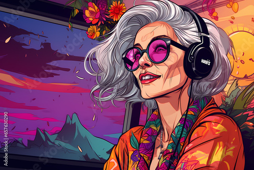 Smiling old woman using listening to music in headphones. Happy hipster grandma traveling in a bus