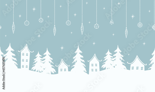 Christmas seamless border. Winter background. White houses, fir trees, Christmas tree decorations on light blue background. Winter village in holidays. Vector illustration