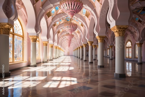 Mosque's colorful and festive decorations during a special religious occasion, Generative AI