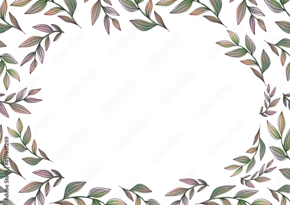 Obraz premium invitations frame with hand painted delicate leaves, branches. Romantic floral wreaths for wedding greeting cards, invitation. Watercolor Floral Clipart boarder with transparent copy space background