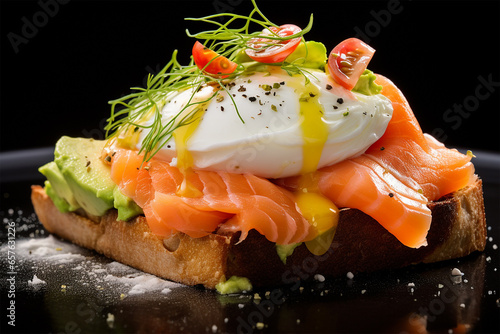 Avocado and salmon toast with poached egg on top delicious close up breakfasts