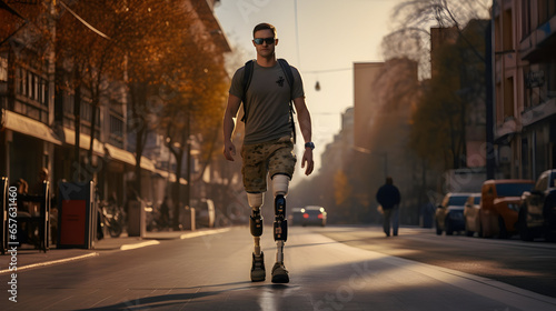 Disabled young man with prosthetic legs walking in the street. AI generated image. photo