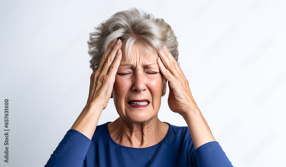 Senior woman with hands on her head, having a headache. AI generated Senior woman with hands on her head, having a headache. AI generated