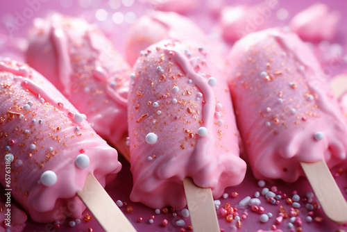 Pink ice cream sticks with sprinkles on tops. Delicious tasty frosted