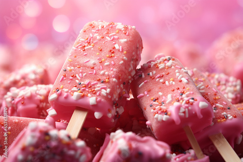 Pink ice cream sticks with sprinkles on tops. Delicious tasty frosted