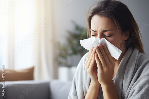 Woman sneezing feeling ill close up portraits photo