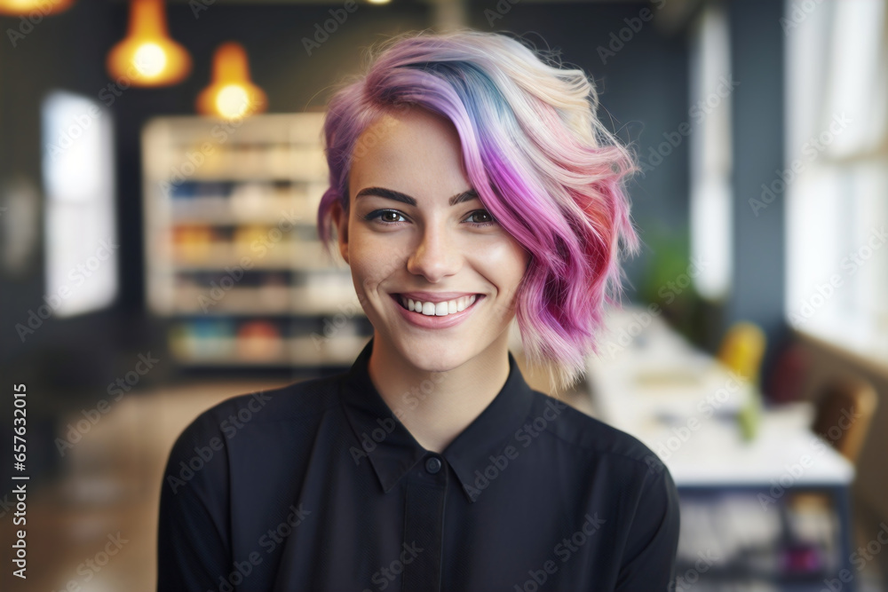 portrait of smiling young woman with dyed pink and blue  hair in office - obrazy, fototapety, plakaty 