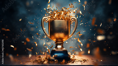 Gold cup standing on wooden table against bokeh background. 3D illustration.