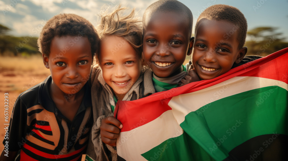Group of diverse kids holding a flag. Educate and celebrate different nationalities and countries Group of diverse kids holding a flag. Educate and celebrate different nationalities and countries