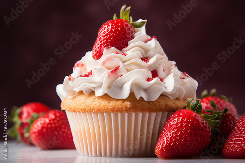 Strawberry muffin close up delicious dessert with frostings