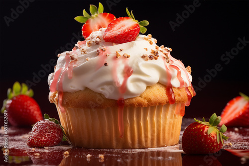 Strawberry muffin close up delicious dessert with frostings