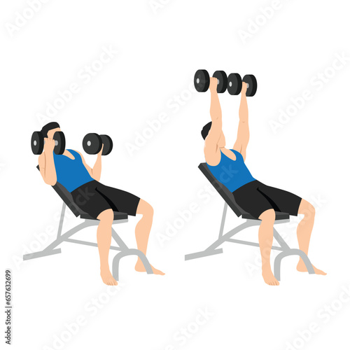 Man doing reverse grip Incline Dumbbell bench press exercise. Flat vector illustration isolated on white background