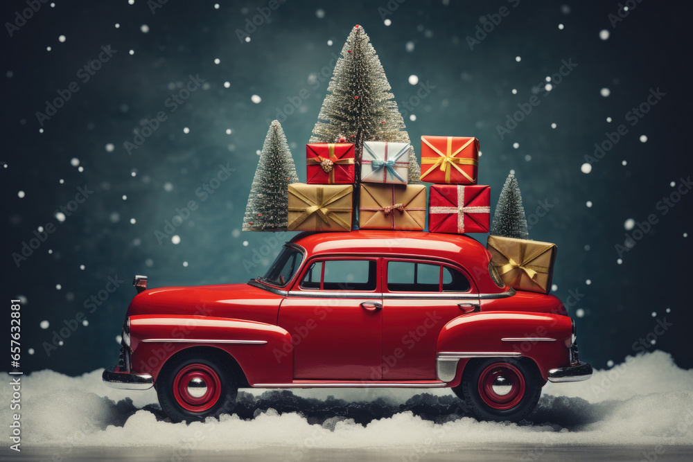 Red retro car with Christmas gifts on the snow in the pine forest
