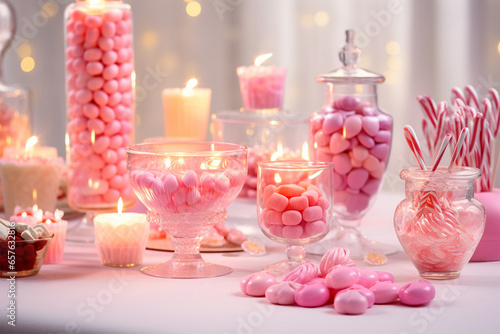 Pink candy bar with lollipops and macaroons desserts delicious
