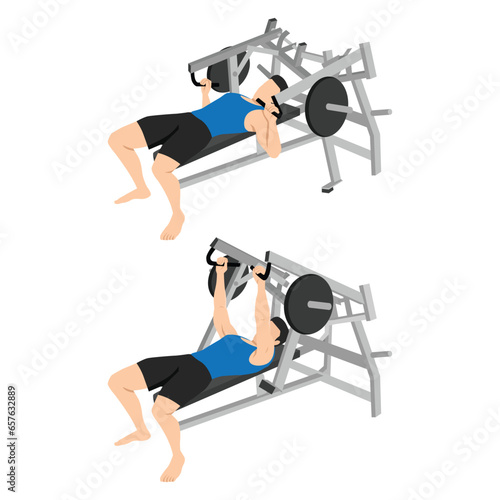 Man doing lying chest press machine exercise on a weight machine. Flat vector illustration isolated on white background
