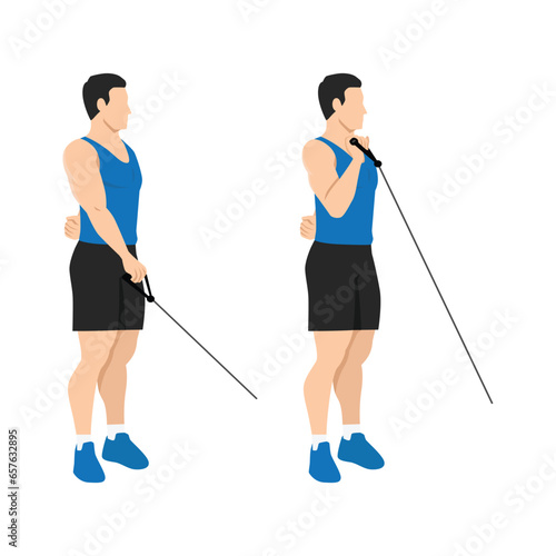 Man doing single arm reverse grip cable bicep curl. Forearm exercise. Flat vector illustration isolated on white background