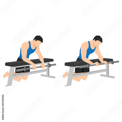 Man doing barbell reverse wrist curl on a bench exercise. Forearm exercise. Flat vector illustration isolated on white background